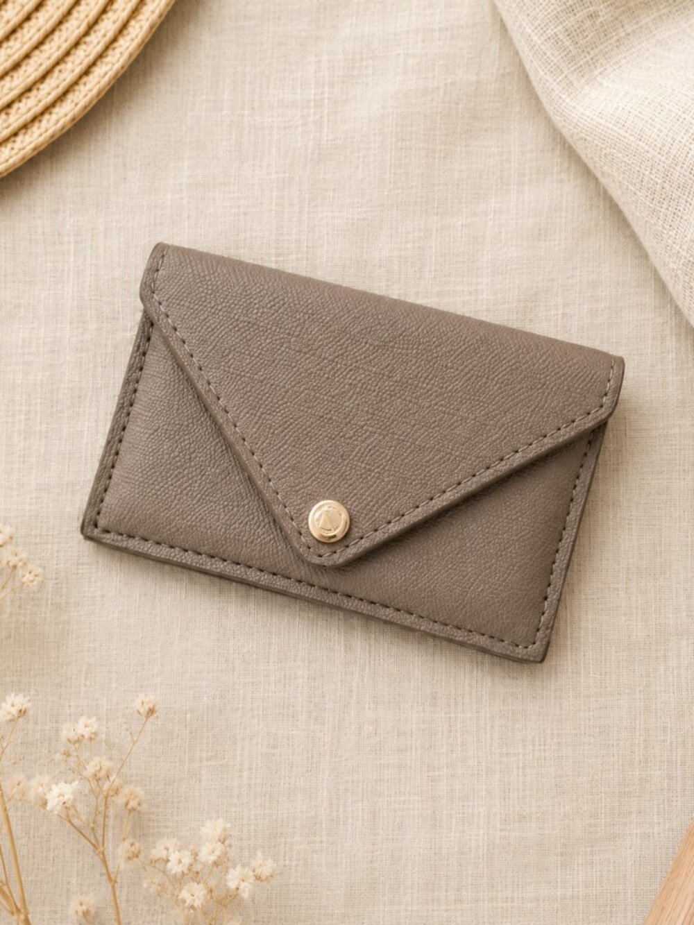 Dagne Dover Pebbled Leather Card Case Wallet Taupe Gray Envelope